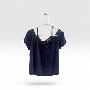 Navy Lace-Trim Off the Shoulder Blouse with Tie Front